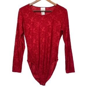 TR Bentley Vintage Red Floral Burnout Long Sleeve Bodysuit Womens Large Rose 90s